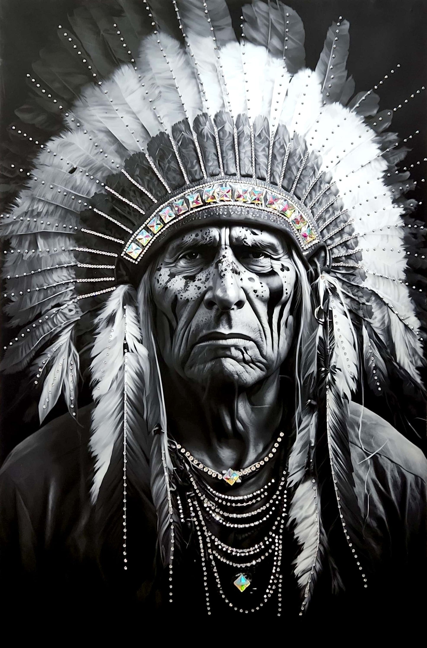 "Chogan" -  Native Chief Black And White Crystalized (Medium Size)